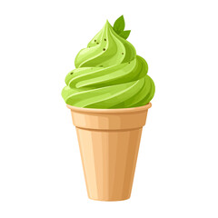 Vibrant swirled matcha soft serve ice cream in a wafer cone, garnished with tea leaves.