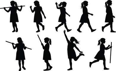 Silhouettes of young girls playing with sticks in various active poses, childhood movement, outdoor activity, fun, innocence, and energy