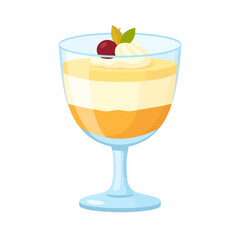 Layered fruit mousse and jelly dessert in a glass goblet, topped with whipped cream, a red cherry, and mint leaves.