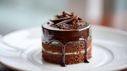Delicious chocolate cake dripping with ganache on white plate
