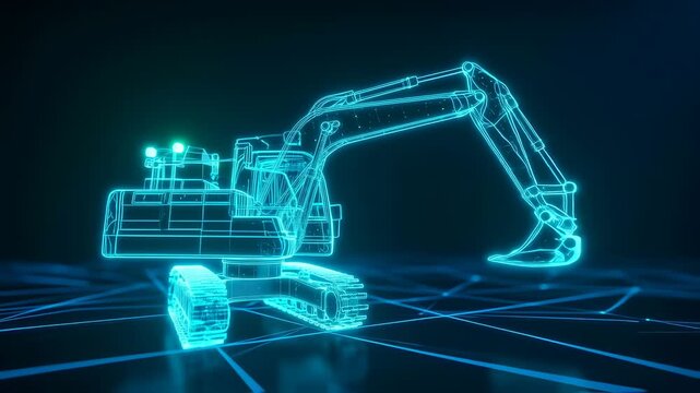 Neon blue outline of a digital excavator
