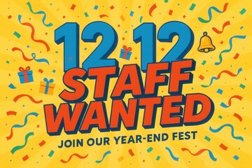 A festive recruitment poster with the phrase "12.12 Staff Wanted" and colorful confetti, presents, and a bell, promoting a year-end event on a vibrant yellow background.