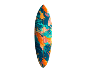 Colorful sleek surfboard tropical print on a transparent background