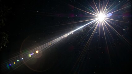 Naklejka premium A bright starburst shines in space, casting radiant beams with lens flare effects against a dark cosmic background scattered with tiny stars.