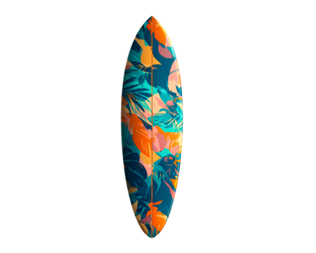 Colorful sleek surfboard tropical print on a transparent background