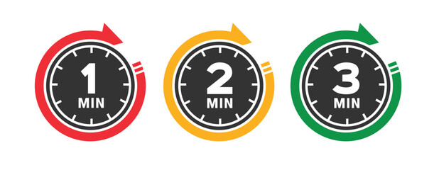 A collection of 3 to 1 minute countdown icons isolated on a white background. Cooking and preparation time to finish something. alarm icon
