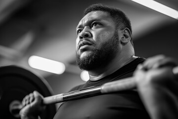 Determined plus-size athlete lifting weights during intense gym workout session