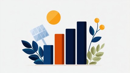energy stock market sustainable. Illustration of bar graphs with plants and a solar panel against a sunny backdrop.