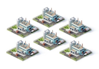 Six isometric factory graphics featuring warehouses, chimneys and storage tanks with clean geometric shapes on white background