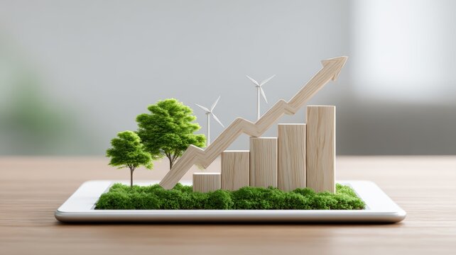 energy stock market sustainable. Digital tablet displaying a growth chart with trees and wind turbines for eco-friendly progress.