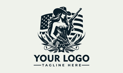 A stylized logo featuring a woman in a cowboy hat, holding a rifle, surrounded by American flag elements and decorative foliage.