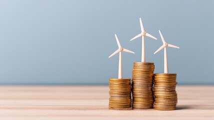 energy stock market sustainable. Wind turbines on coins symbolize renewable energy investment and growth.