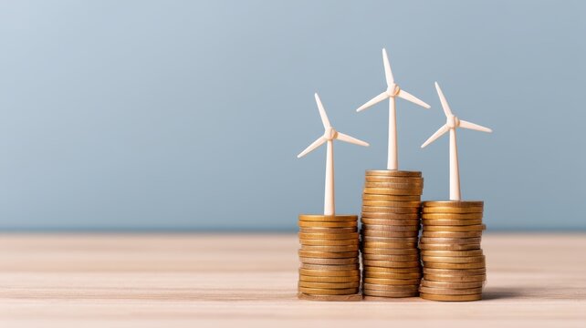 energy stock market sustainable. Wind turbines on coins symbolize renewable energy investment and growth.
