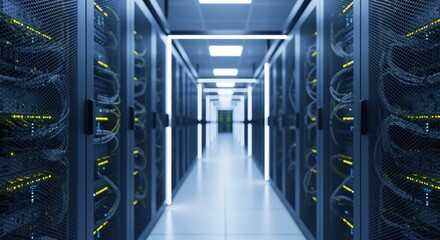 Wide shot of expansive data center corridor lined with advanced server hardware.