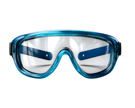 Safety goggles with clear lenses and blue frame, isolated on transparent background