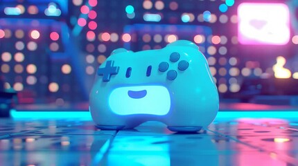 White gaming controller with a smiling face design illuminated in vibrant neon lights, set against a futuristic cityscape backdrop showcasing colorful digital displays - Powered by Adobe