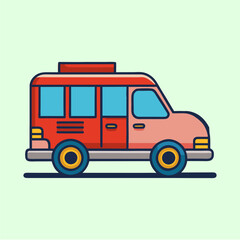 Stylized Cartoon Red and Pink Van with Blue Windows and Wheels Illustration