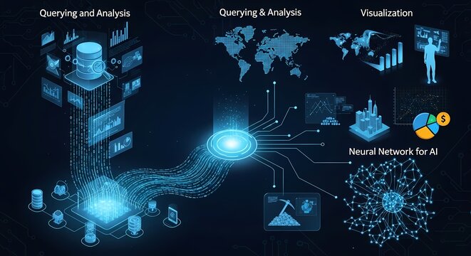 Big data technology and data science illustration. Data flow concept. Querying, analysing, visualizing complex information. Neural network for artificial intelligence. Data mining. Business analytics.