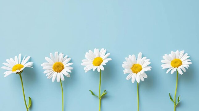 White daisies arranged in a row against a soft blue background, showcasing vibrant yellow centers and delicate petals, creating a fresh and cheerful atmosphere for floral design
