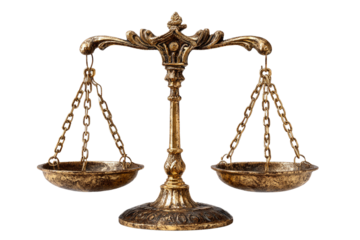 Ornate gold scales of justice on transparent background