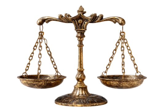 Ornate gold scales of justice on transparent background