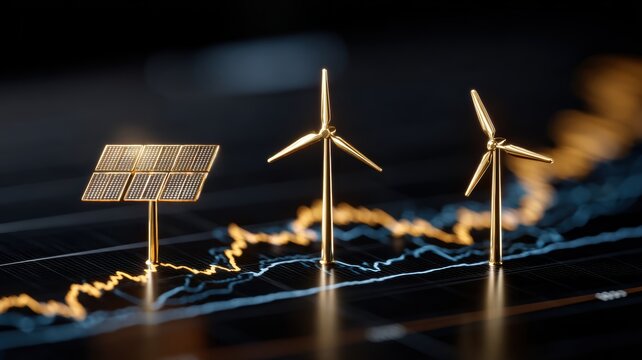 energy stock market sustainable. Renewable energy symbols with graphs representing growth and sustainability.
