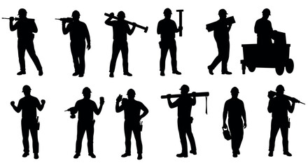 Silhouette construction workers in various poses with tools and equipment