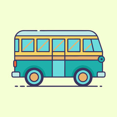 Cartoon illustration of a turquoise and yellow retro van with simple design
