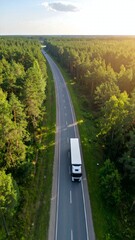 Truck on Highway Aerial View Delivery.
