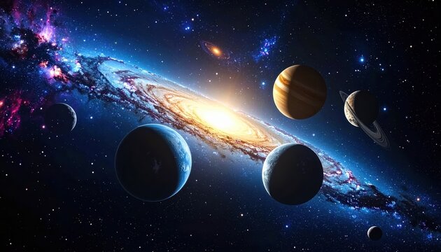 Planets aligned in a vibrant galaxy, cosmic scene with stars and nebulous clouds