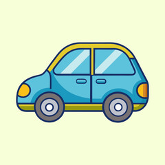 Cartoon illustration of a small blue car with yellow accents and tires