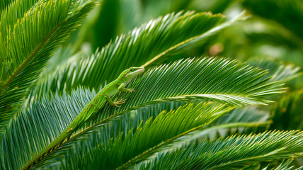 Fototapeta premium Emerald Anole: A vibrant green lizard perches on a lush, verdant palm frond, blending seamlessly with its tropical surroundings.