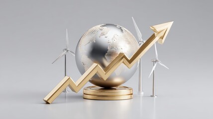 energy stock market sustainable. Sustainable growth concept with globe, wind turbines, and upward arrow.