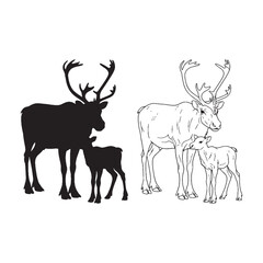 Obraz premium Northern Spirit Visualized - Caribou Side View Art - Matching Silhouette and Clean Lineart Presentation - Caribou silhouette - Caribou lineart - Caribou vector - silhouette & lineart of Caribou
