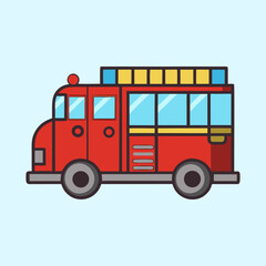 Cartoon illustration of a red fire engine with a light blue background