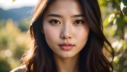 Asian woman portrait Outdoor Nature backdrop.