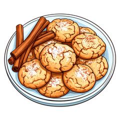 A plate of freshly baked crinkle cookies with cinnamon sticks, sprinkled with powdered sugar, in a detailed cartoon style.