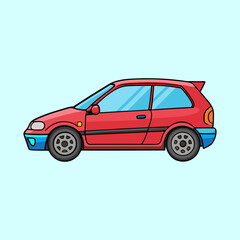 Cartoon illustration of a red hatchback car with blue windows and trim