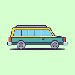 Illustrated Teal and Yellow Station Wagon Car with Roof Rack Design