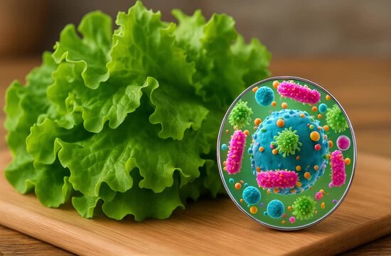 Fresh lettuce leaves on cutting board, with a zoomed-in section showing bacteria and parasites such as E. coli and cryptosporidium on the surface, concept of food contamination from unwashed vegetable