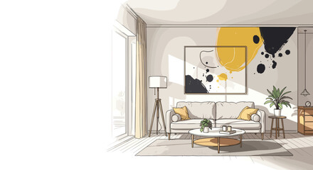 Expressive interior design sketch of bright living room with modern furniture and abstract wall art. Sketch features cozy sofa, stylish coffee table, and vibrant decor. Modern minimalism