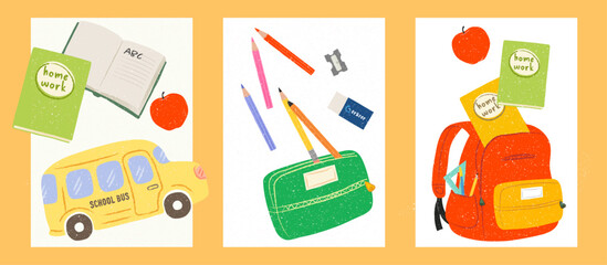 Collection of 3 Vector Back to School Posters – School Bus, Homework Notepad, Books, Pencil Case, and Stationery