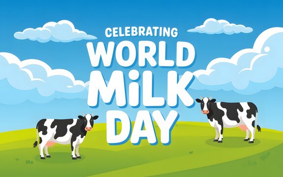 Celebrating world milk day with cows in a green field under a blue sky