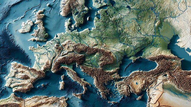Detailed topographic map of europe showing mountains and waterways