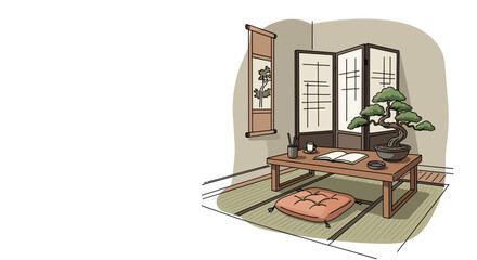 Japanese Zen interior design sketch of cozy home office featuring wooden table, bonsai plant, tatami mat, and decorative screen. Thoughtful workspace arrangement emphasizes minimalism and tranquility.
