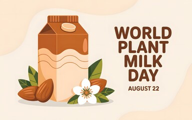 World plant milk day celebration with almond milk carton and almonds
