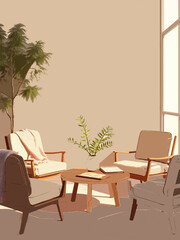Fototapeta premium A drawing of a living room with a table and chairs