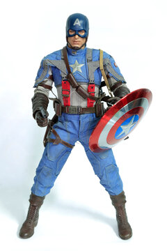 Bangkok, Thailand - March 30, 2016 : Captain America figure isolated white background. Photo by Edmund Haralson.