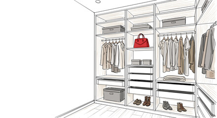 Expressive sketch illustration of custom closet design featuring organized clothing and accessories. Dressing room with open concept closet