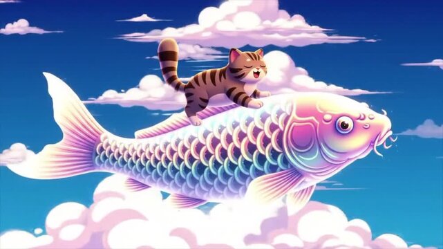 A whimsical illustration of a tabby cat riding a colorful, fantastical fish through the clouds.